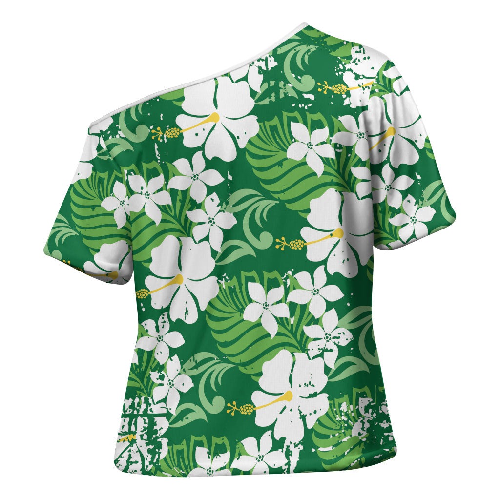 Green Hawaiian Hibiscus Monstera Cross Shoulder Shirt Grunge Stylized