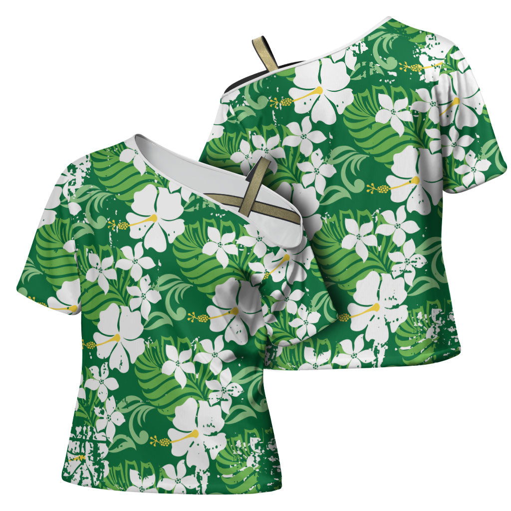 Green Hawaiian Hibiscus Monstera Cross Shoulder Shirt Grunge Stylized