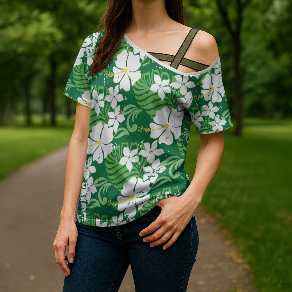 Green Hawaiian Hibiscus Monstera Cross Shoulder Shirt Grunge Stylized