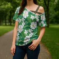Green Hawaiian Hibiscus Monstera Cross Shoulder Shirt Grunge Stylized