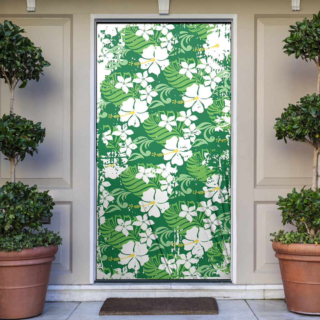 Green Hawaiian Hibiscus Monstera Door Cover Grunge Stylized LT01 Green - Polynesian Pride