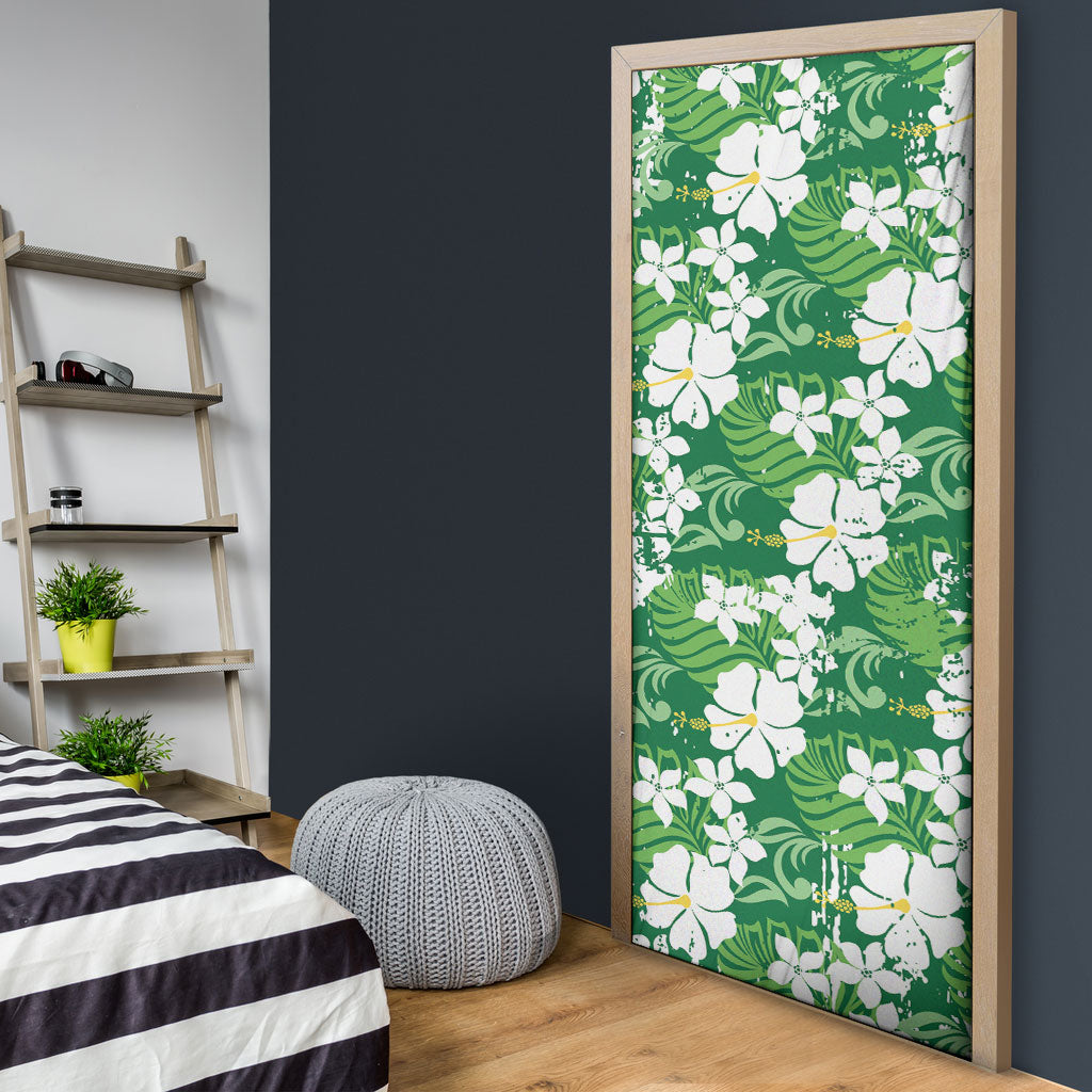 Green Hawaiian Hibiscus Monstera Door Cover Grunge Stylized LT01 - Polynesian Pride