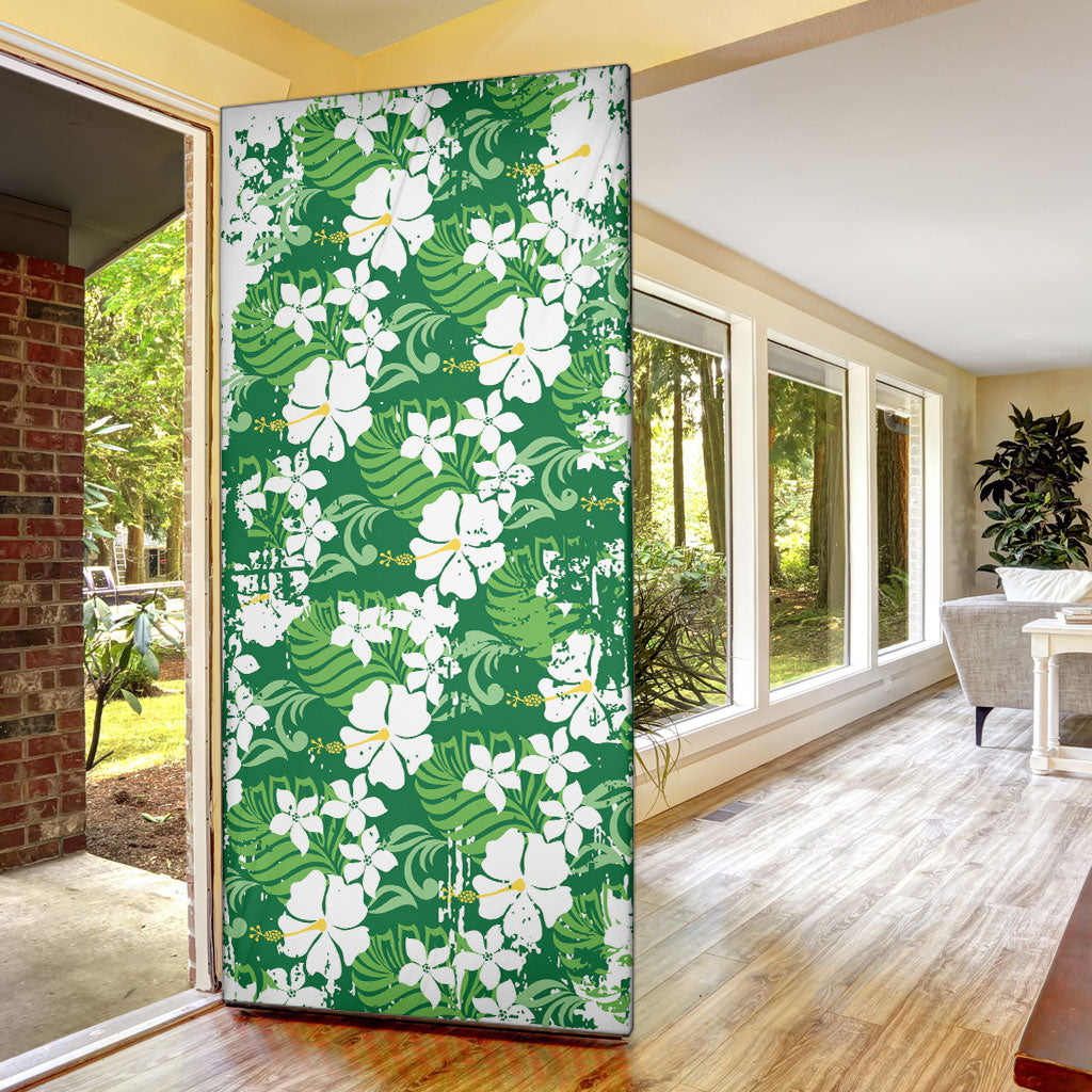 Green Hawaiian Hibiscus Monstera Door Cover Grunge Stylized LT01 - Polynesian Pride