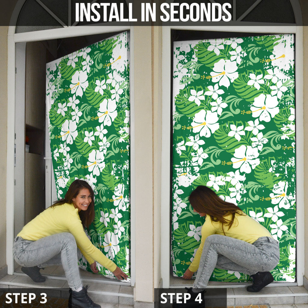 Green Hawaiian Hibiscus Monstera Door Cover Grunge Stylized LT01 - Polynesian Pride