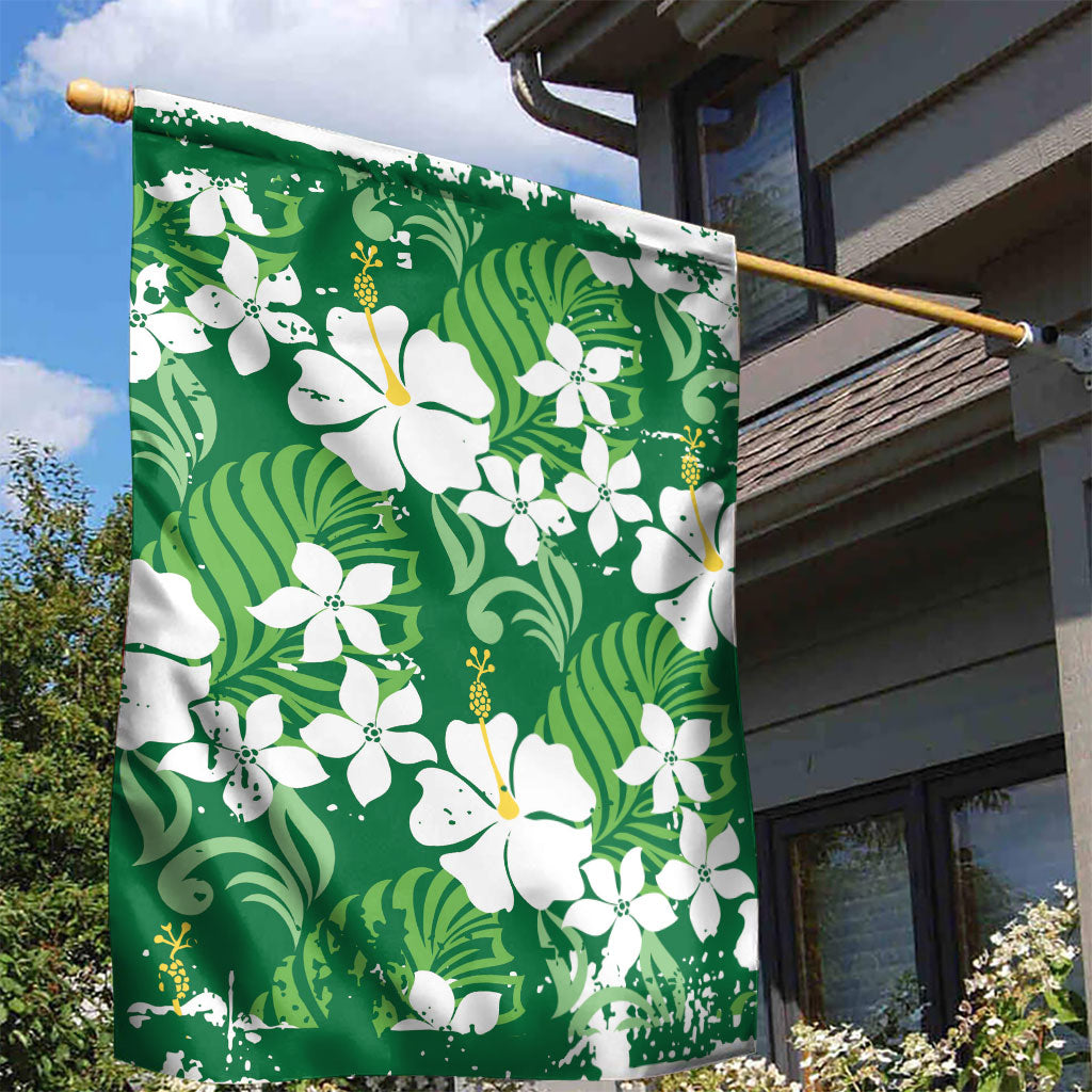 Green Hawaiian Hibiscus Monstera Garden Flag Grunge Stylized