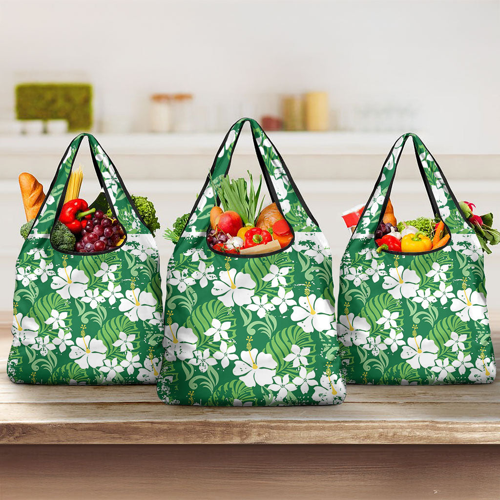 Green Hawaiian Hibiscus Monstera Grocery Bag Grunge Stylized