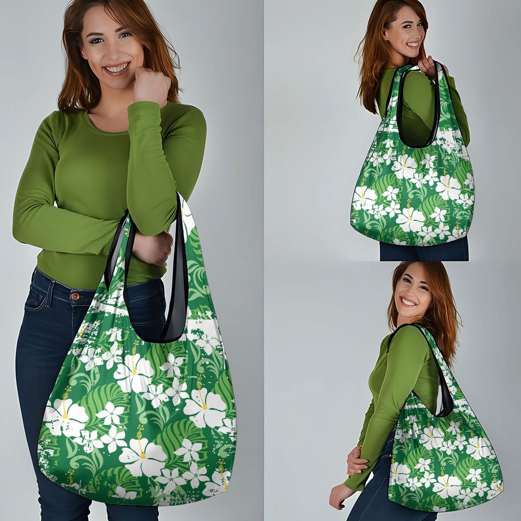 Green Hawaiian Hibiscus Monstera Grocery Bag Grunge Stylized
