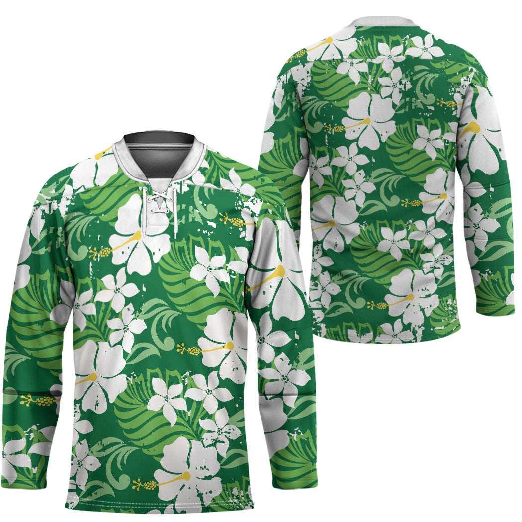 Green Hawaiian Hibiscus Monstera Hockey Jersey Grunge Stylized