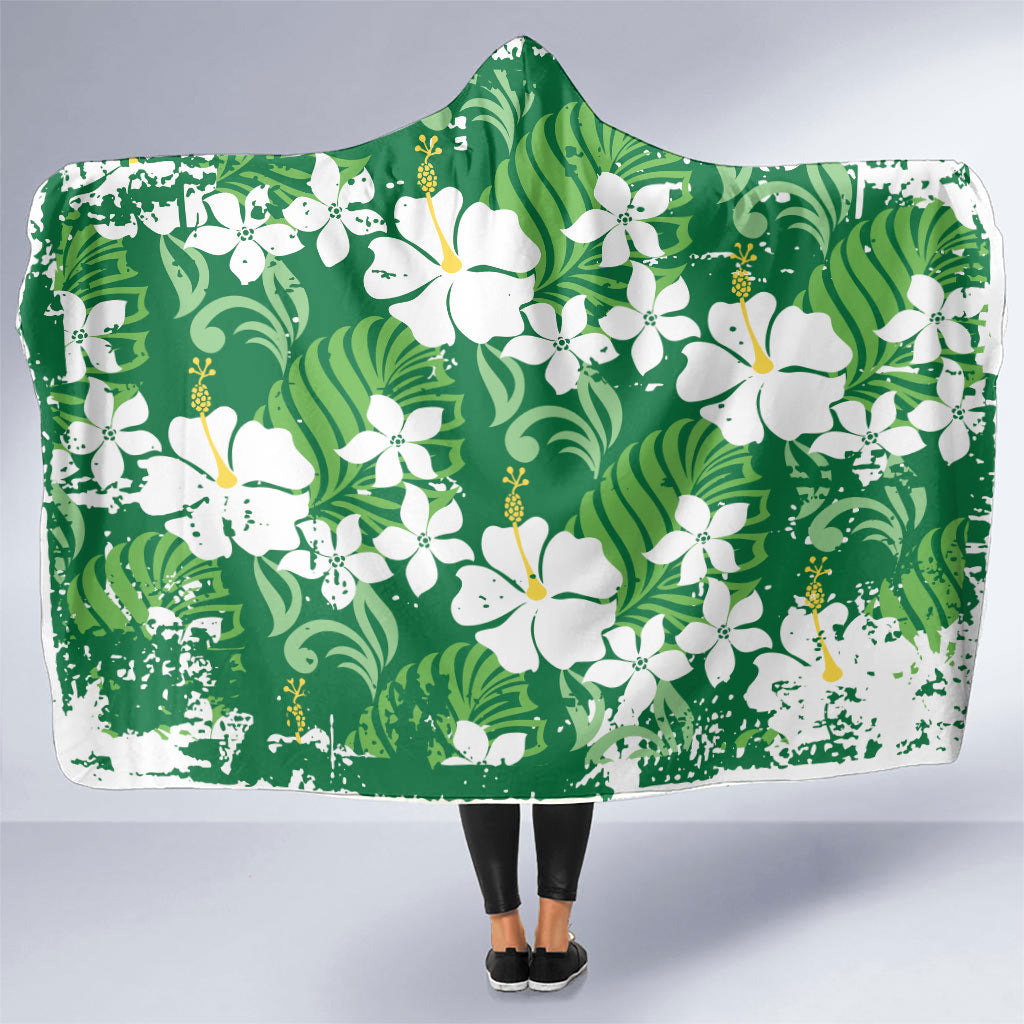Green Hawaiian Hibiscus Monstera Hooded Blanket Grunge Stylized