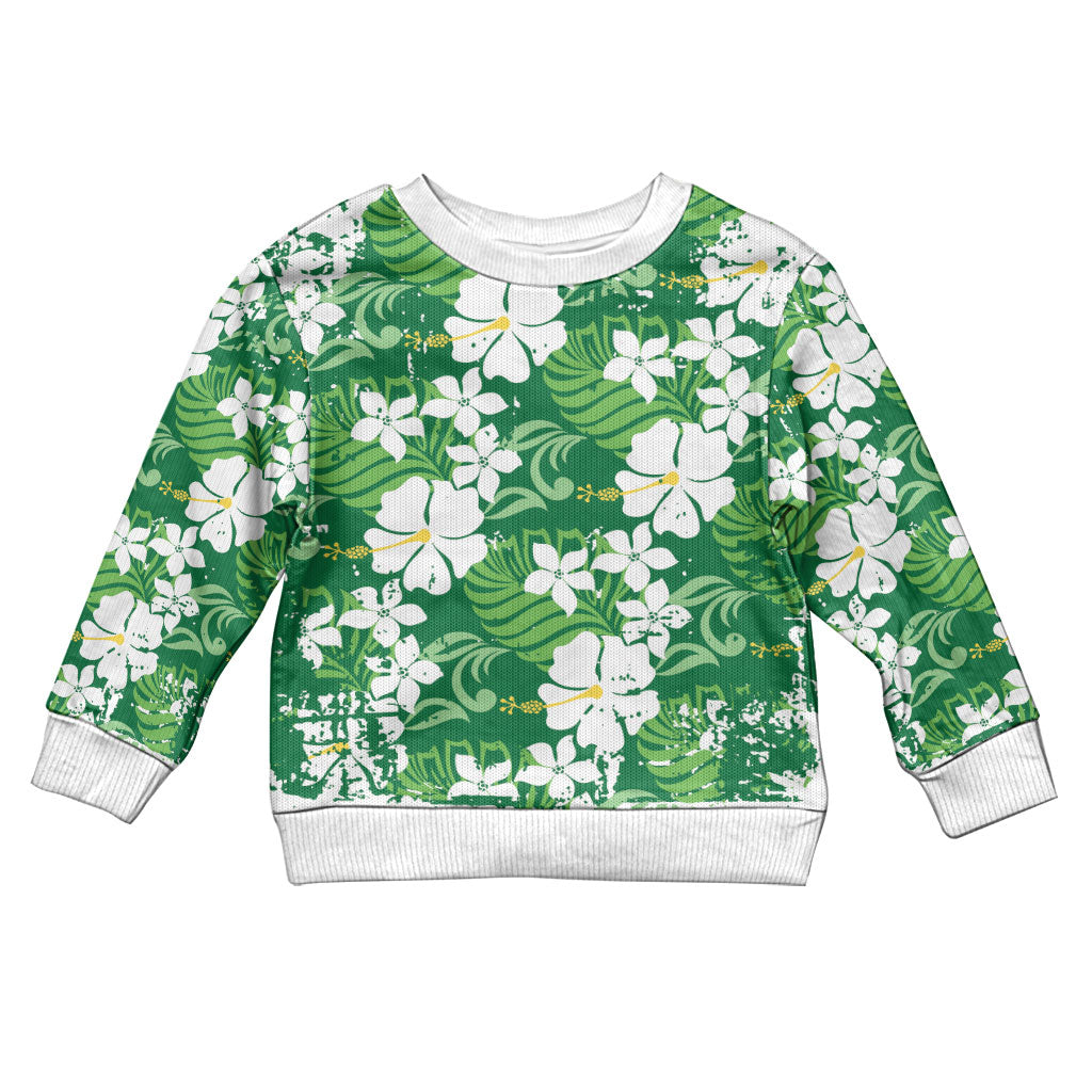 Green Hawaiian Hibiscus Monstera Kid Ugly Christmas Sweater Grunge Stylized