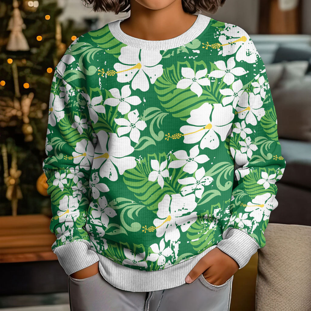 Green Hawaiian Hibiscus Monstera Kid Ugly Christmas Sweater Grunge Stylized LT01 - Polynesian Pride