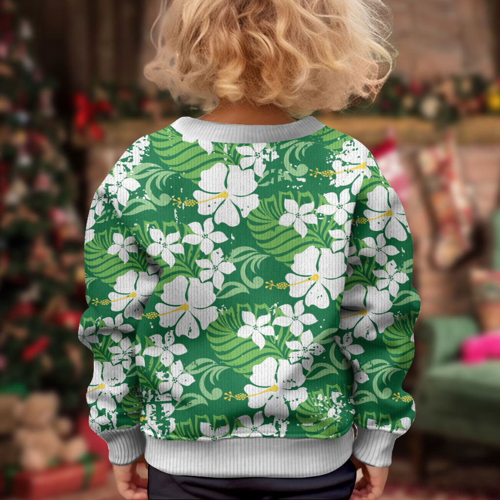 Green Hawaiian Hibiscus Monstera Kid Ugly Christmas Sweater Grunge Stylized LT01 - Polynesian Pride