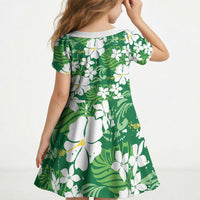 Green Hawaiian Hibiscus Monstera Kid Short Sleeve Dress Grunge Stylized LT01 - Polynesian Pride
