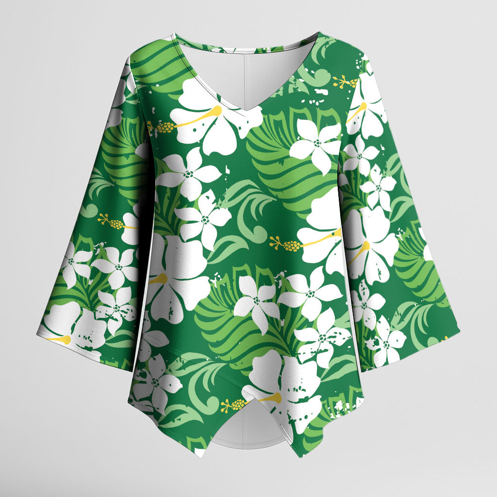 Green Hawaiian Hibiscus Monstera Kimono Sleeve Blouse Grunge Stylized