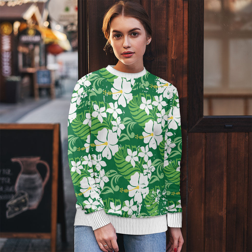 Green Hawaiian Hibiscus Monstera Ugly Christmas Sweater Grunge Stylized LT01 - Polynesian Pride