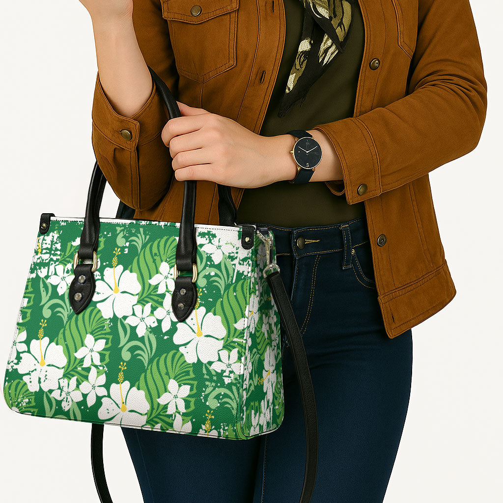 Green Hawaiian Hibiscus Monstera Leather Bag Grunge Stylized LT01 - Polynesian Pride
