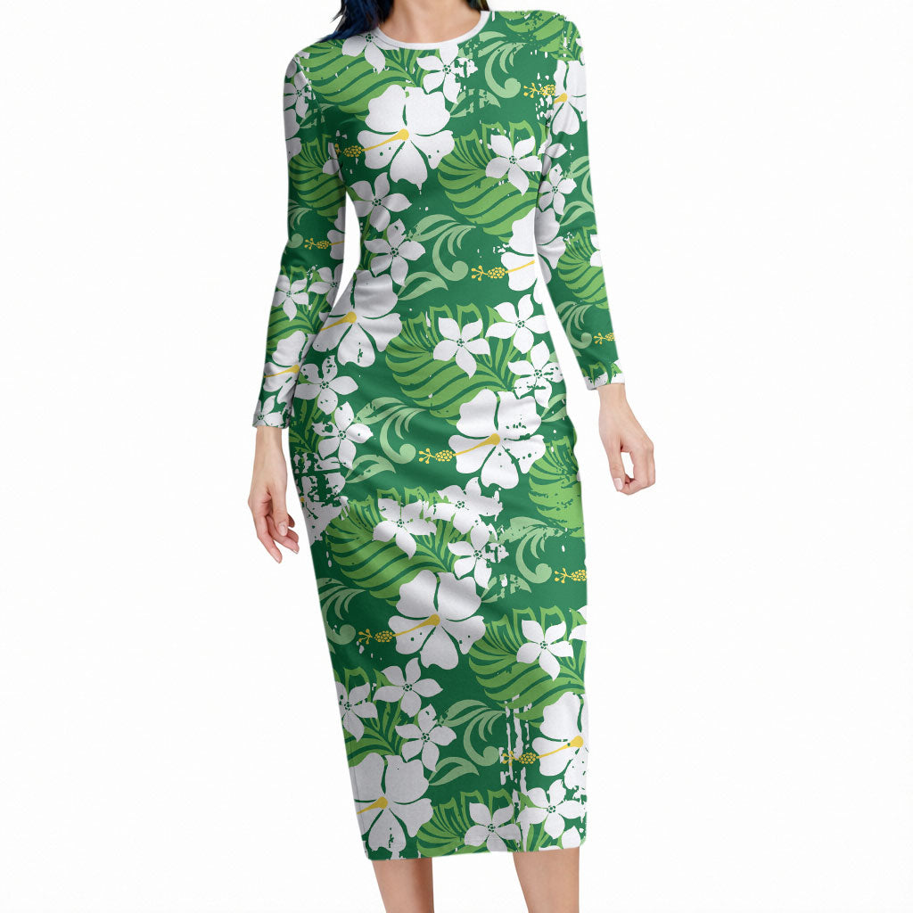 Green Hawaiian Hibiscus Monstera Long Sleeve Bodycon Dress Grunge Stylized