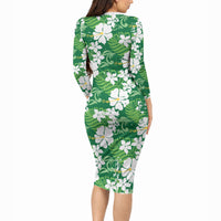 Green Hawaiian Hibiscus Monstera Long Sleeve Bodycon Dress Grunge Stylized
