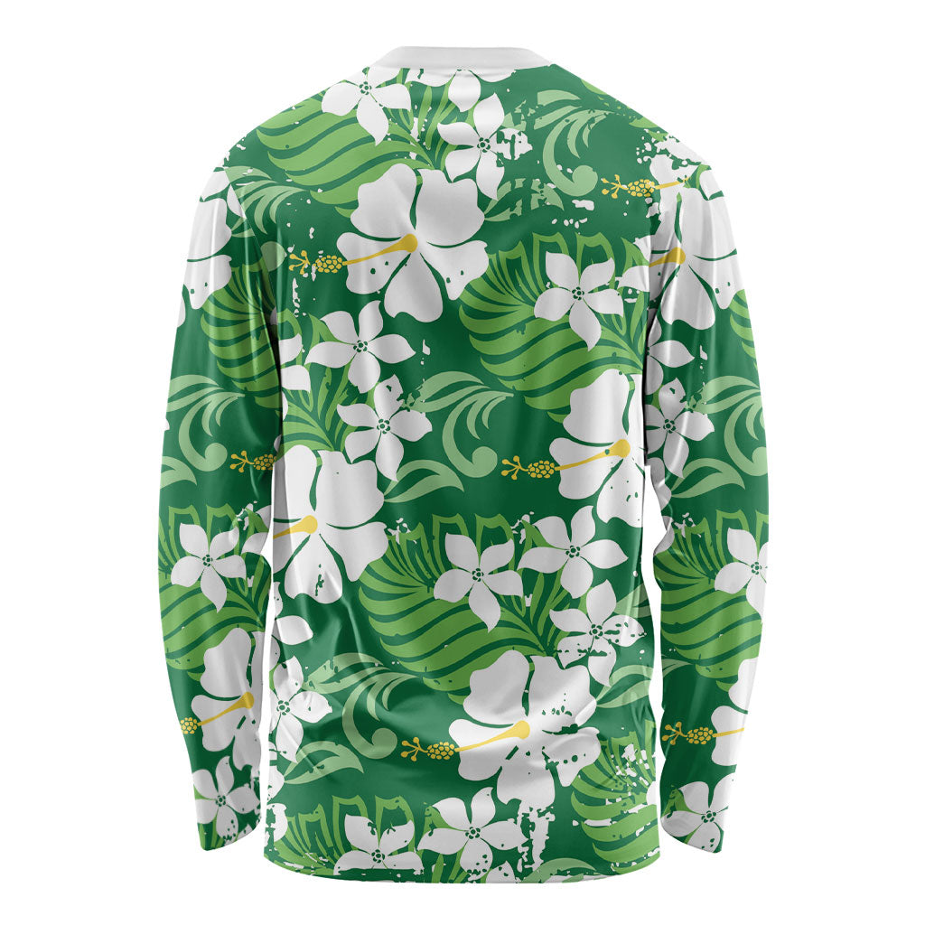 Green Hawaiian Hibiscus Monstera Long Sleeve Shirt Grunge Stylized