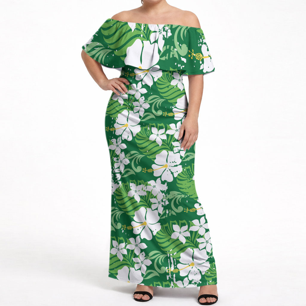 Green Hawaiian Hibiscus Monstera Off Shoulder Maxi Dress Grunge Stylized LT01 Women Green - Polynesian Pride