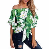 Green Hawaiian Hibiscus Monstera Off Shoulder Wrap Waist Top Grunge Stylized