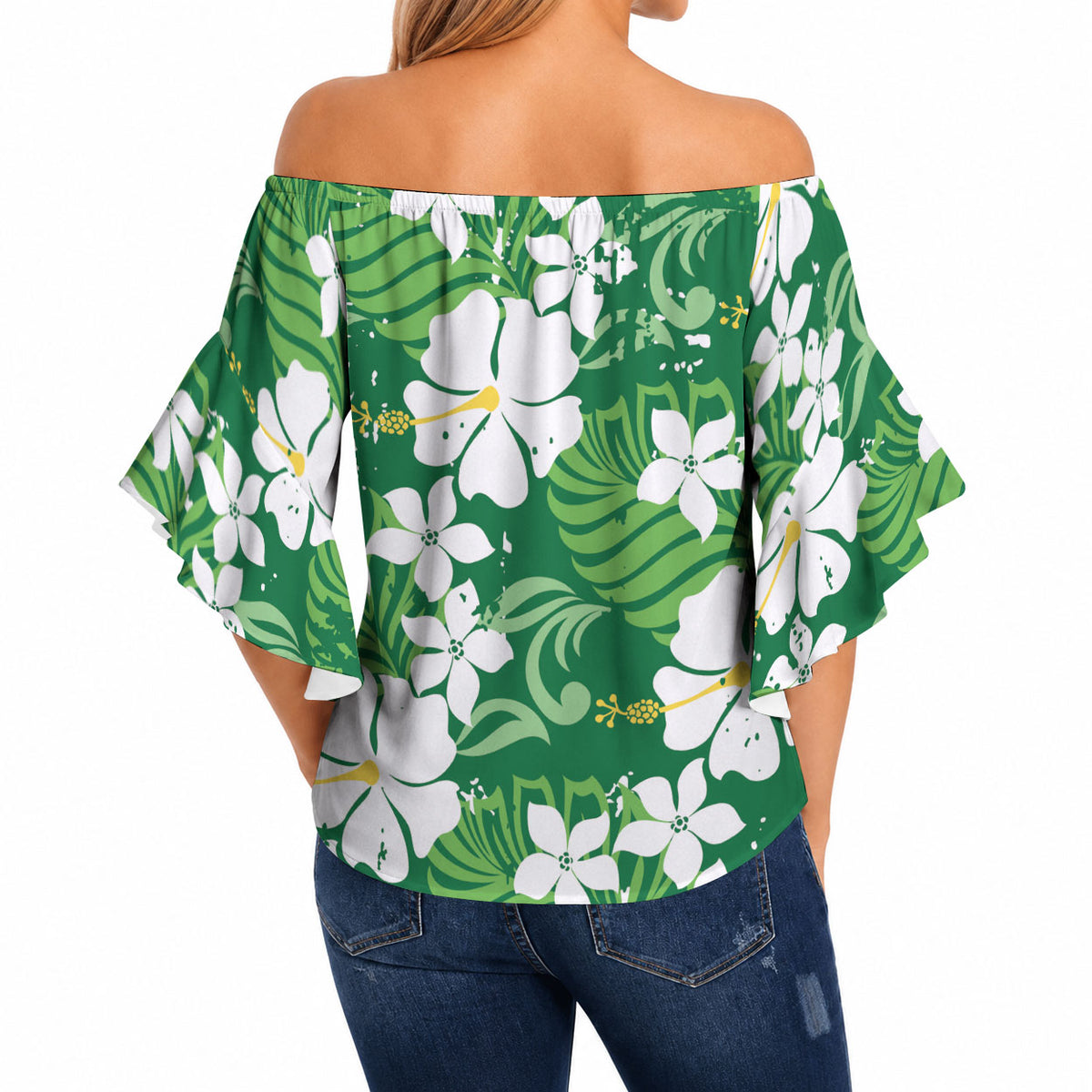 Green Hawaiian Hibiscus Monstera Off Shoulder Wrap Waist Top Grunge Stylized