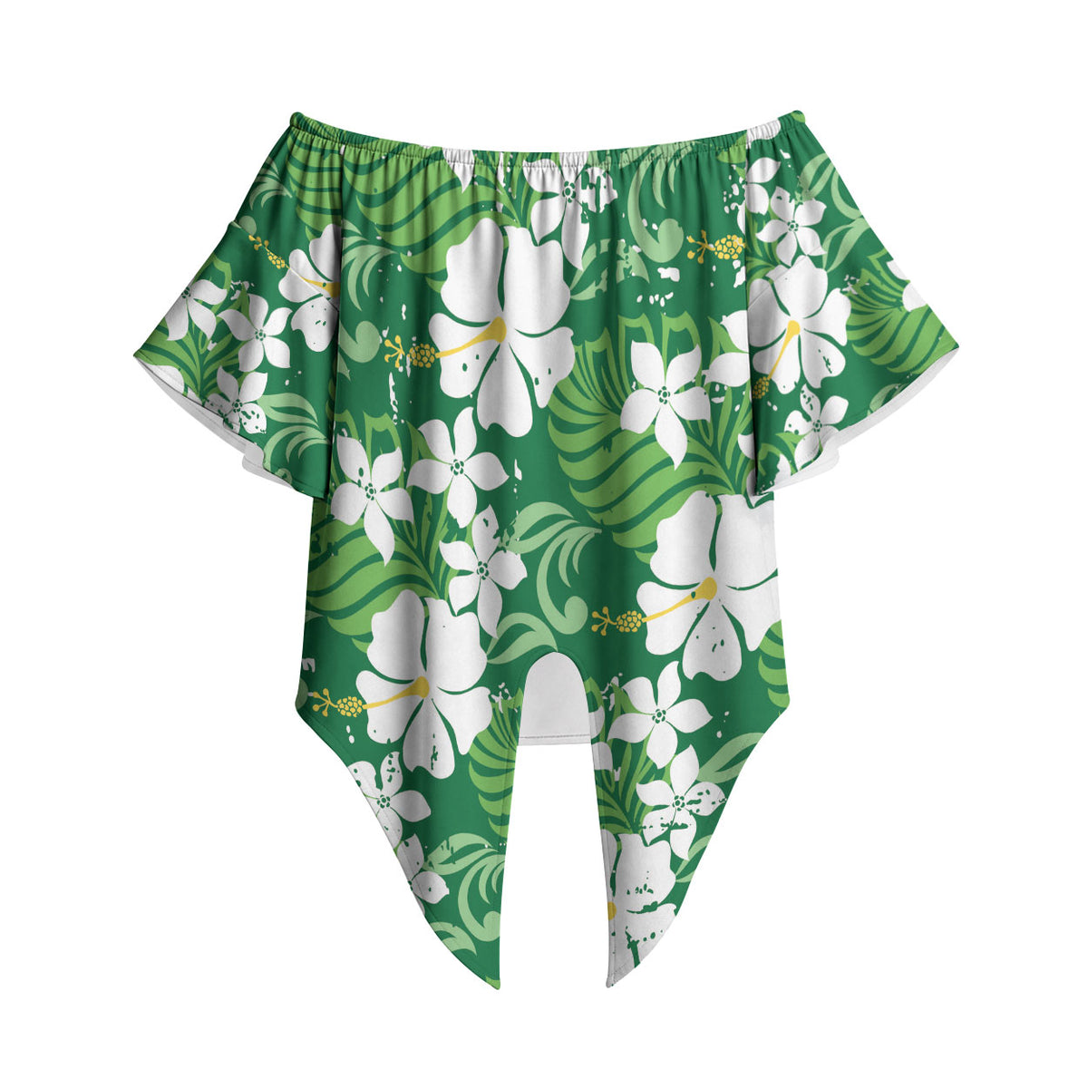 Green Hawaiian Hibiscus Monstera Off Shoulder Wrap Waist Top Grunge Stylized