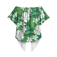 Green Hawaiian Hibiscus Monstera Off Shoulder Wrap Waist Top Grunge Stylized