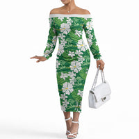 Green Hawaiian Hibiscus Monstera Off The Shoulder Long Sleeve Dress Grunge Stylized LT01 Women Green - Polynesian Pride