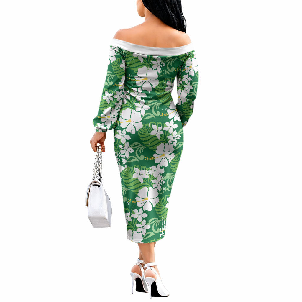 Green Hawaiian Hibiscus Monstera Off The Shoulder Long Sleeve Dress Grunge Stylized LT01 - Polynesian Pride