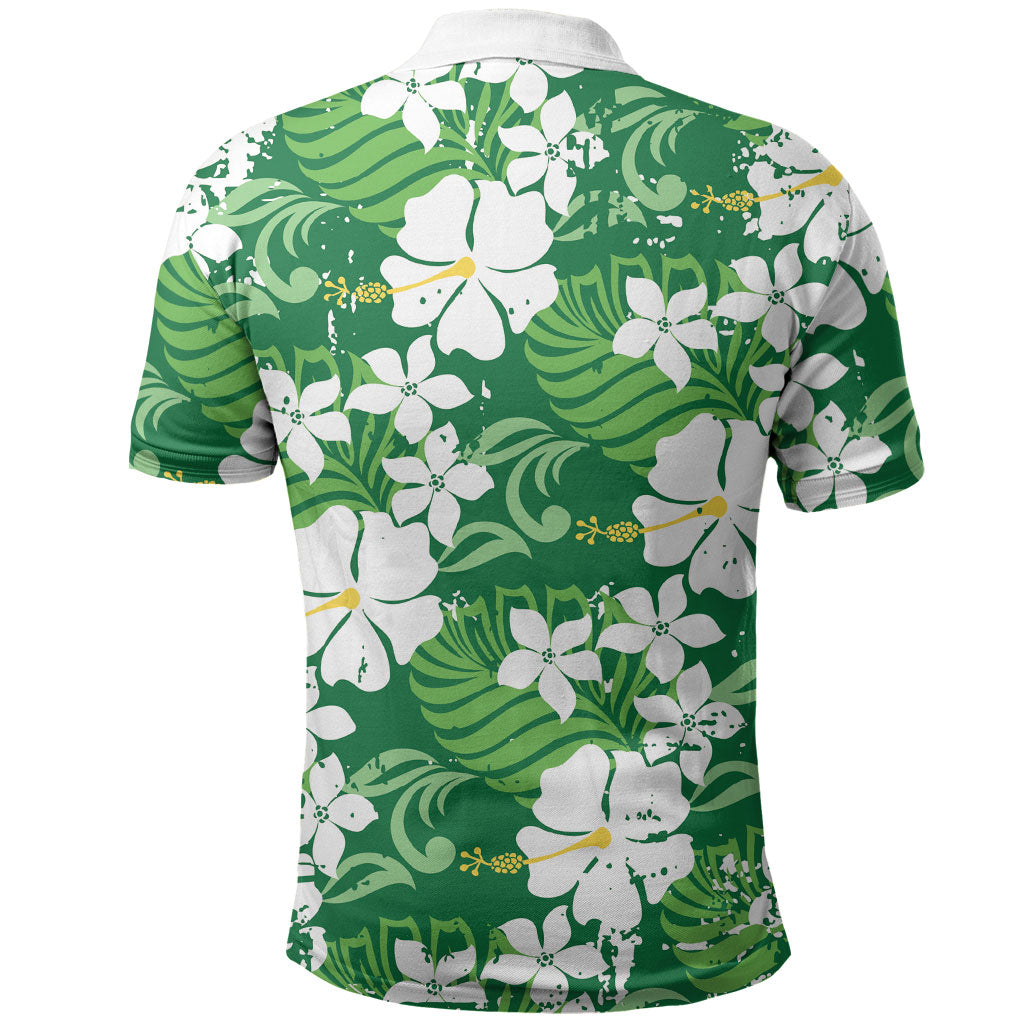 Green Hawaiian Hibiscus Monstera Polo Shirt Grunge Stylized