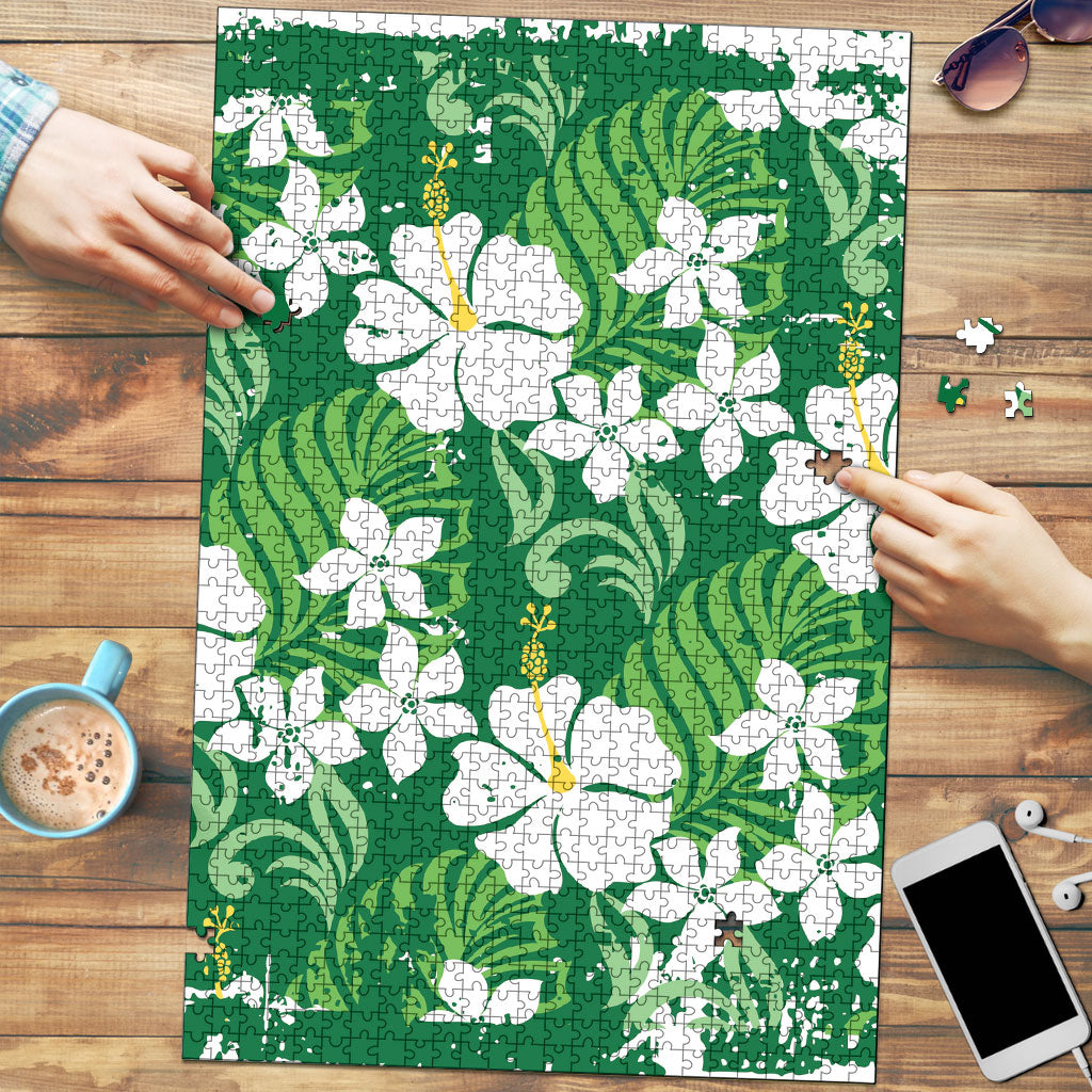 Green Hawaiian Hibiscus Monstera Puzzle Grunge Stylized