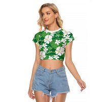 Green Hawaiian Hibiscus Monstera Raglan Cropped T Shirt Grunge Stylized