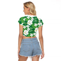 Green Hawaiian Hibiscus Monstera Raglan Cropped T Shirt Grunge Stylized