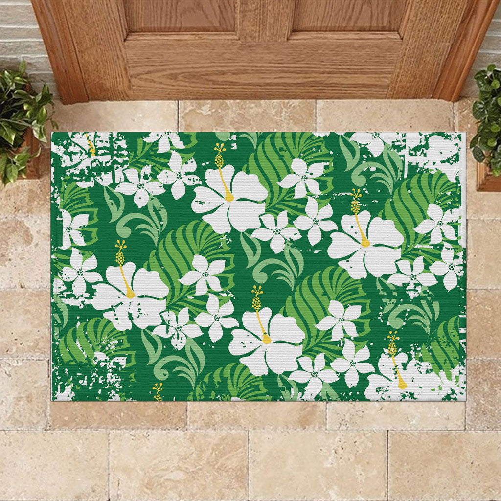Green Hawaiian Hibiscus Monstera Rubber Doormat Grunge Stylized