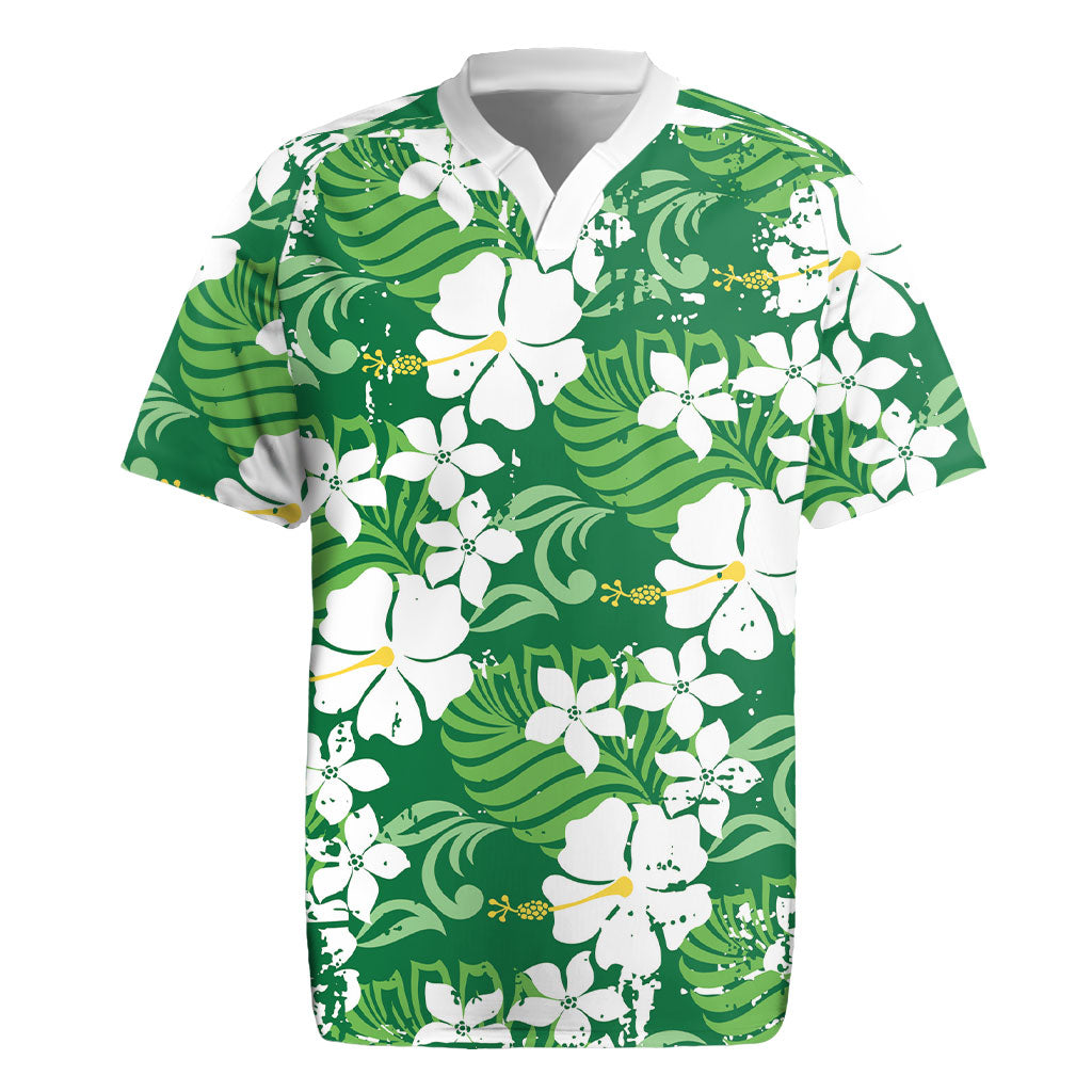 Green Hawaiian Hibiscus Monstera Rugby Jersey Grunge Stylized