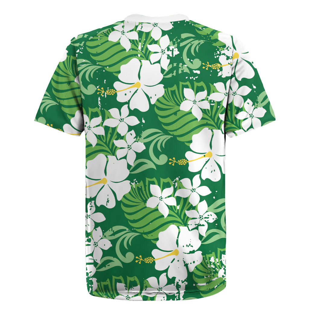 Green Hawaiian Hibiscus Monstera Rugby Jersey Grunge Stylized