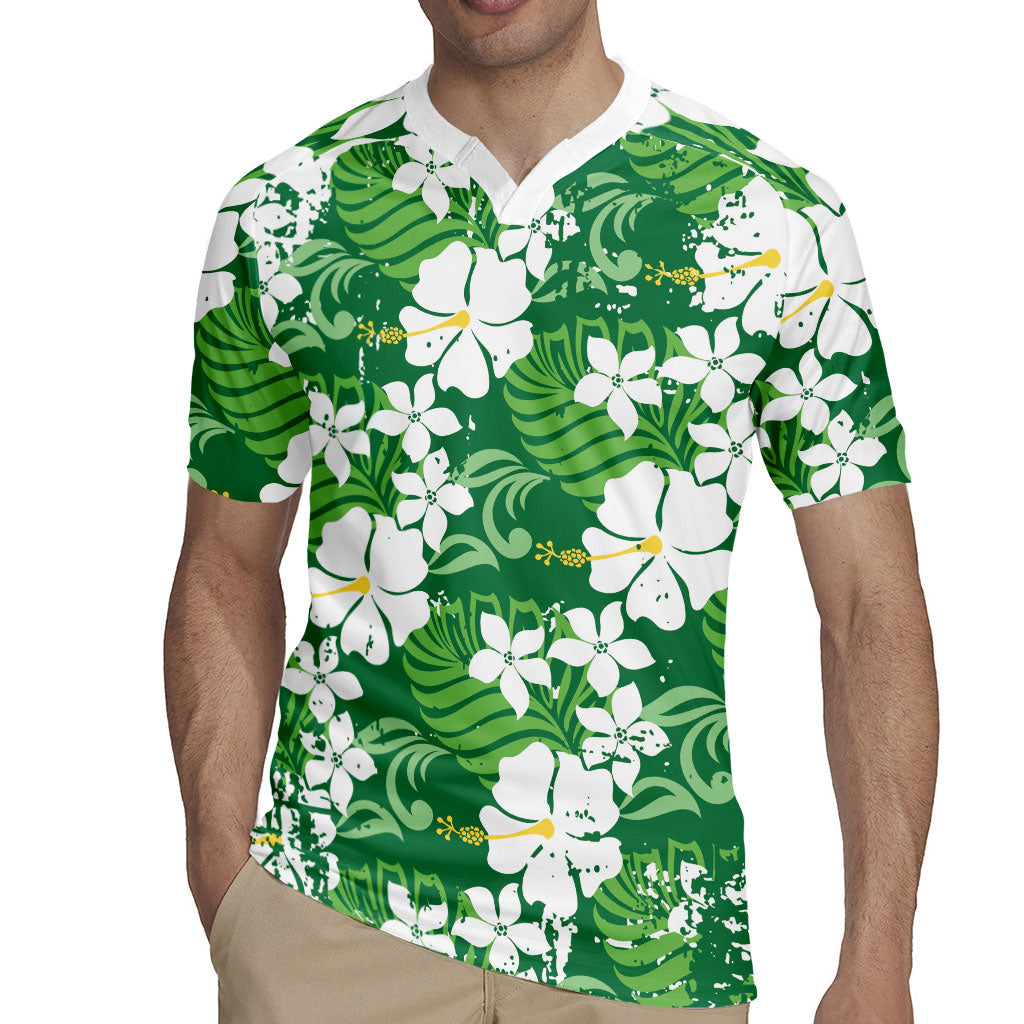 Green Hawaiian Hibiscus Monstera Rugby Jersey Grunge Stylized
