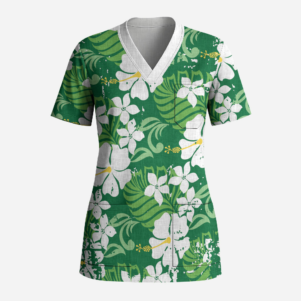 Green Hawaiian Hibiscus Monstera Scrub Top Grunge Stylized LT01 Adult Green - Polynesian Pride