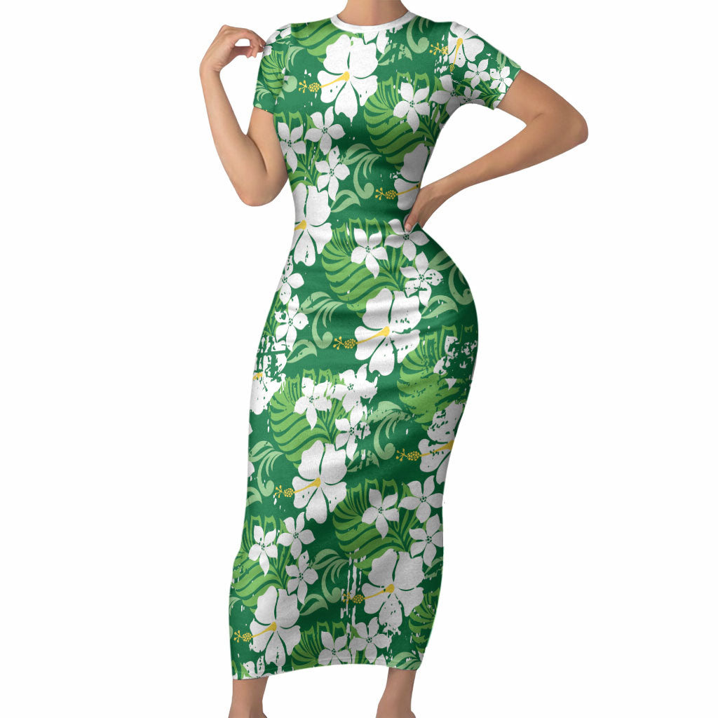 Green Hawaiian Hibiscus Monstera Short Sleeve Bodycon Dress Grunge Stylized