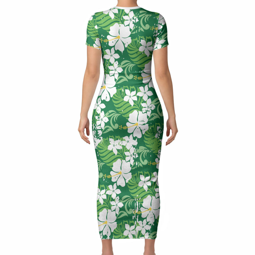Green Hawaiian Hibiscus Monstera Short Sleeve Bodycon Dress Grunge Stylized