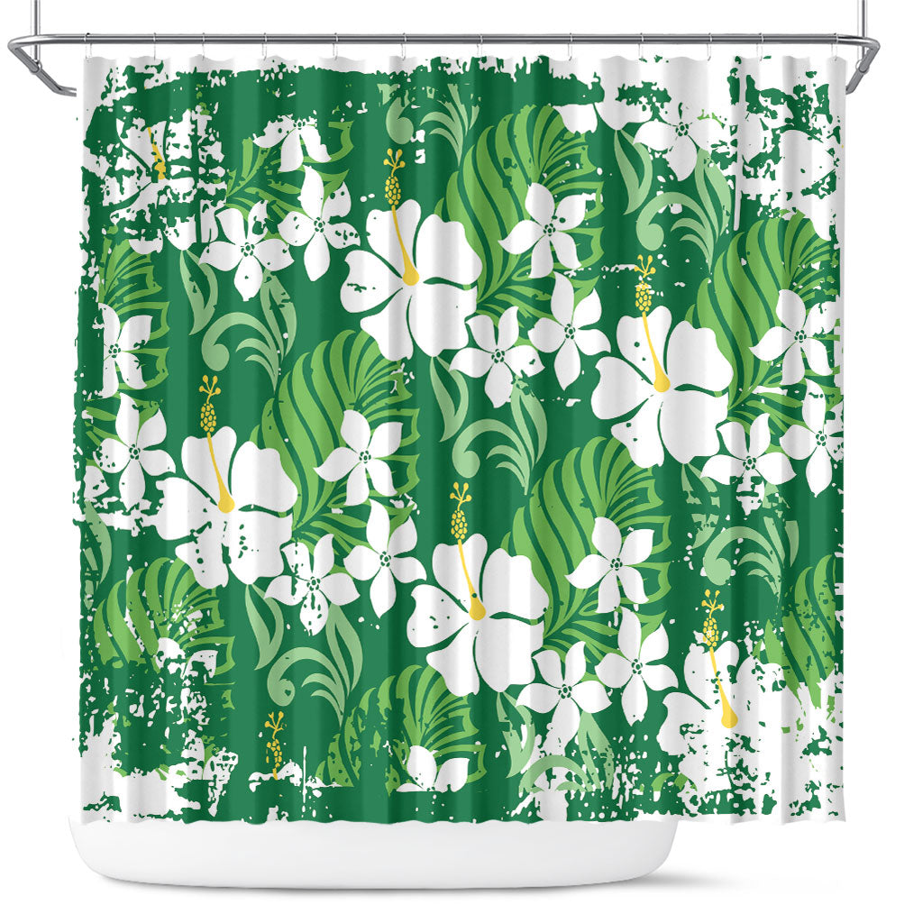 Green Hawaiian Hibiscus Monstera Shower Curtain Grunge Stylized