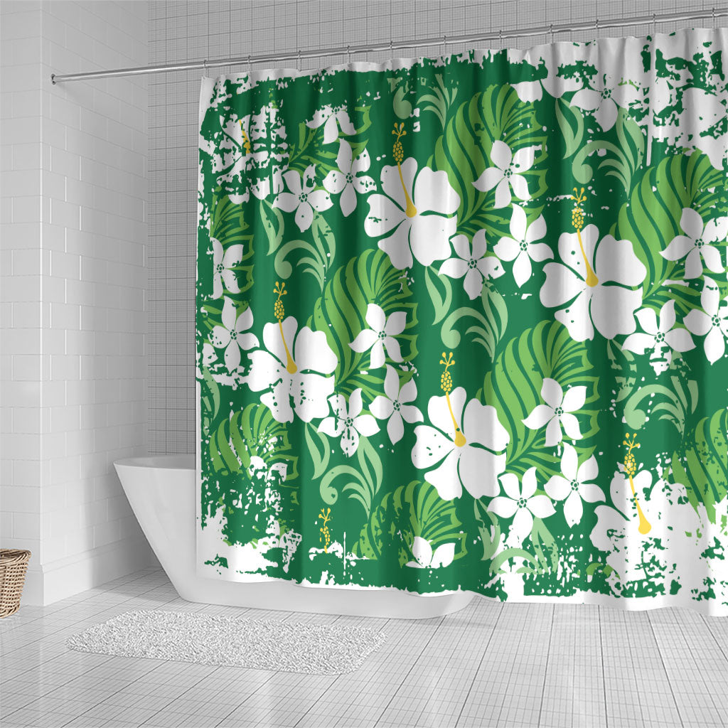 Green Hawaiian Hibiscus Monstera Shower Curtain Grunge Stylized