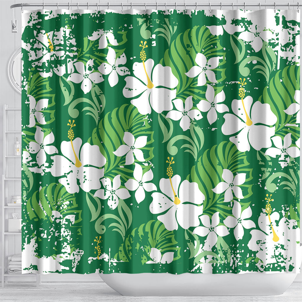 Green Hawaiian Hibiscus Monstera Shower Curtain Grunge Stylized