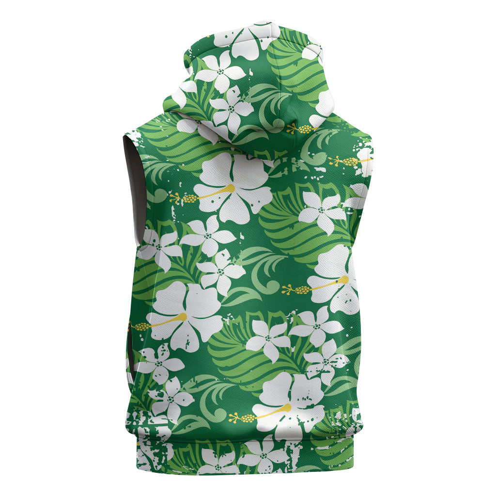 Green Hawaiian Hibiscus Monstera Sleeveless Hoodie Grunge Stylized