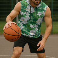 Green Hawaiian Hibiscus Monstera Sleeveless Hoodie Grunge Stylized