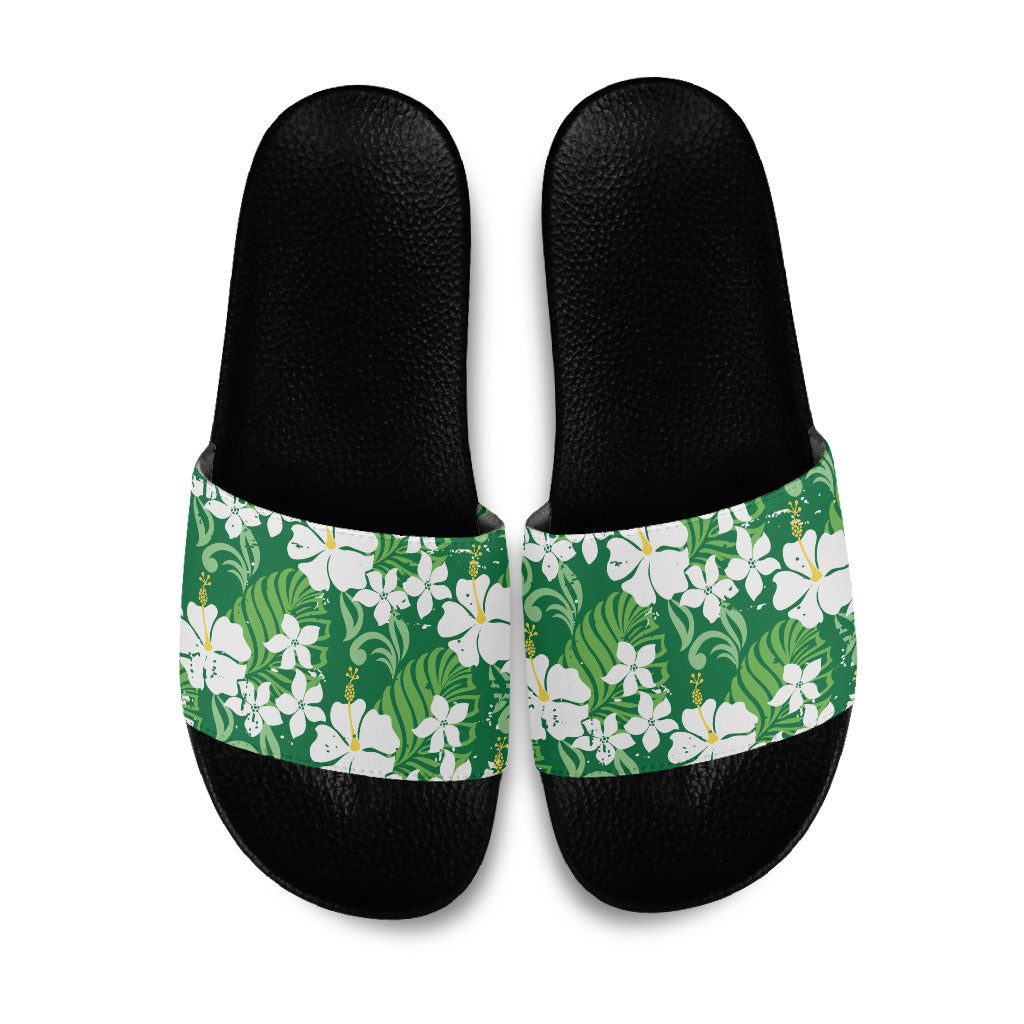 Green Hawaiian Hibiscus Monstera Slide Sandals Grunge Stylized