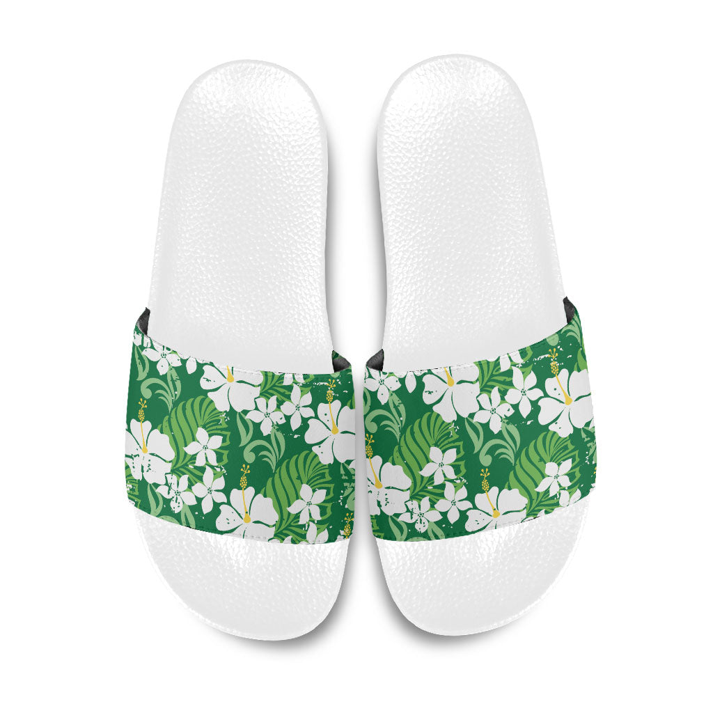 Green Hawaiian Hibiscus Monstera Slide Sandals Grunge Stylized
