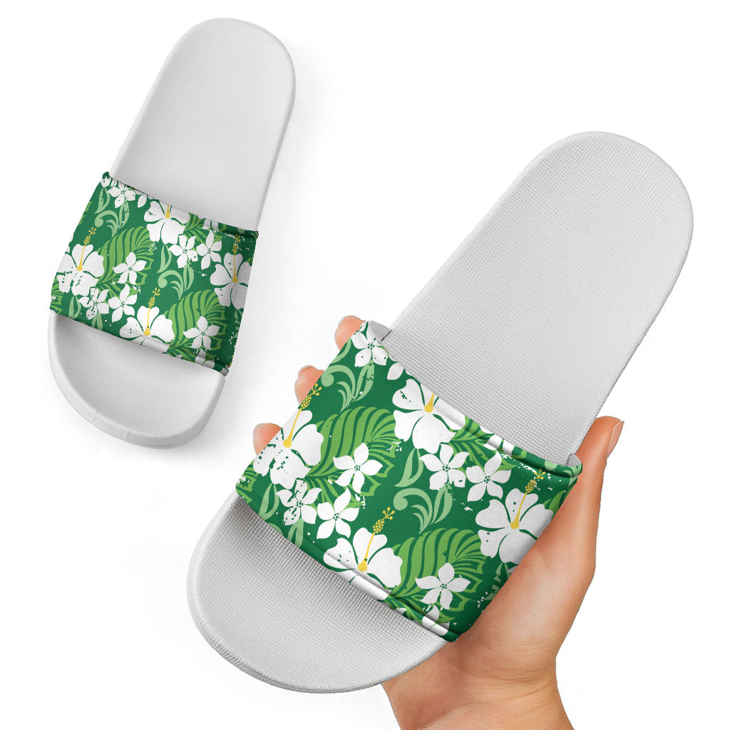 Green Hawaiian Hibiscus Monstera Slide Sandals Grunge Stylized