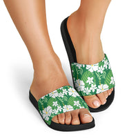 Green Hawaiian Hibiscus Monstera Slide Sandals Grunge Stylized
